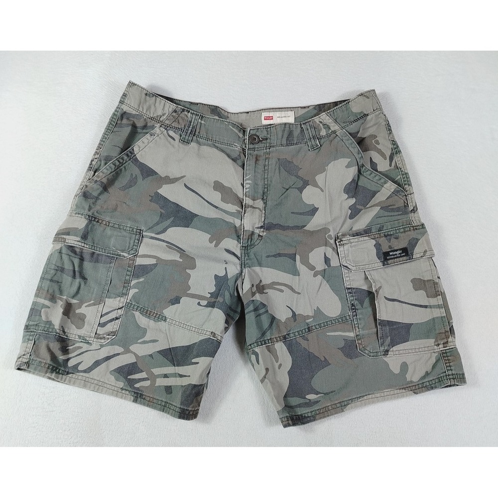 Wrangler Cargo Shorts Mens 38 Green Camo Relaxed Fit Stretch Pockets Hunting